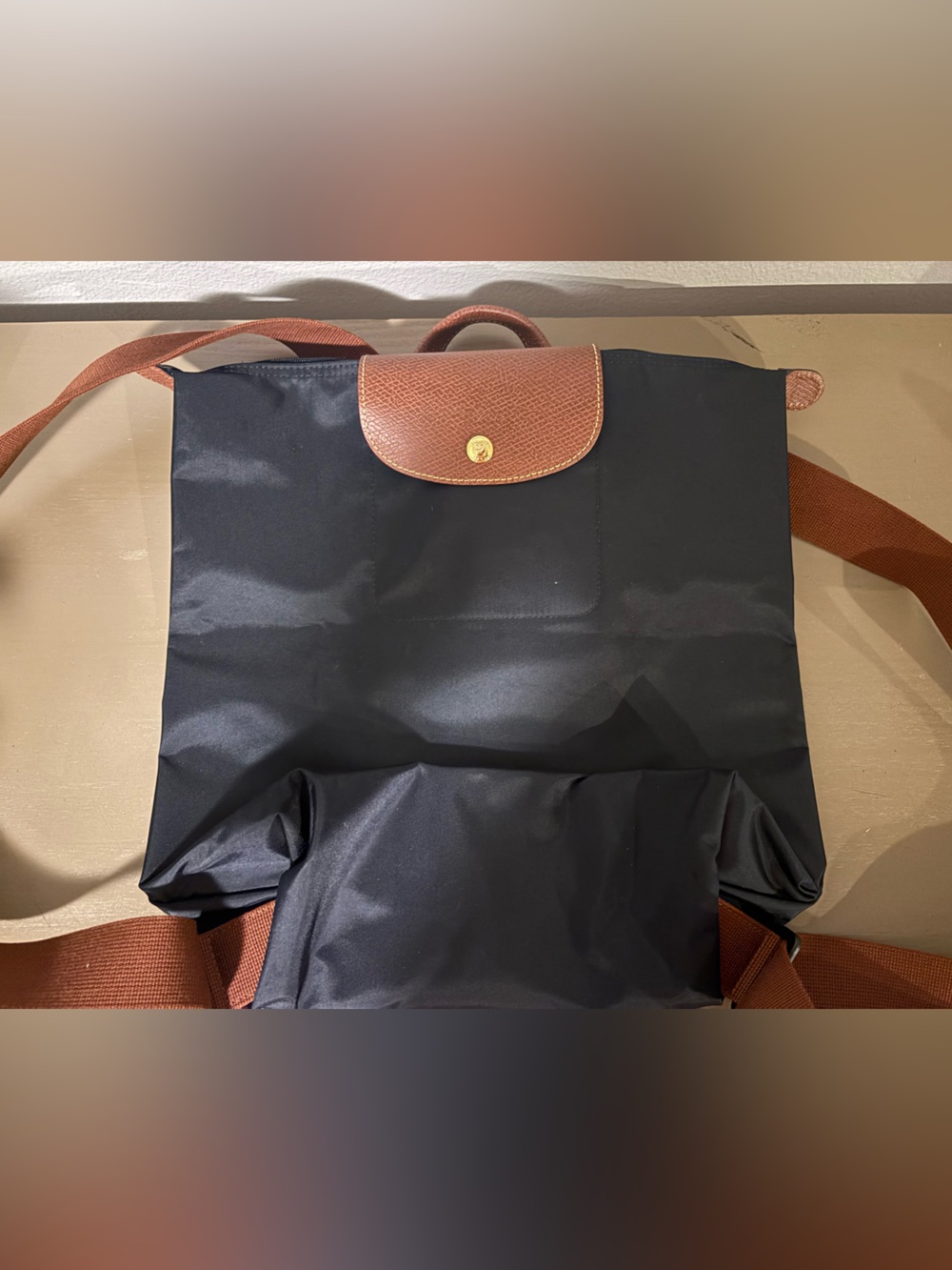 Longchamp Black Nylon Backpack with Brown Leather Trim